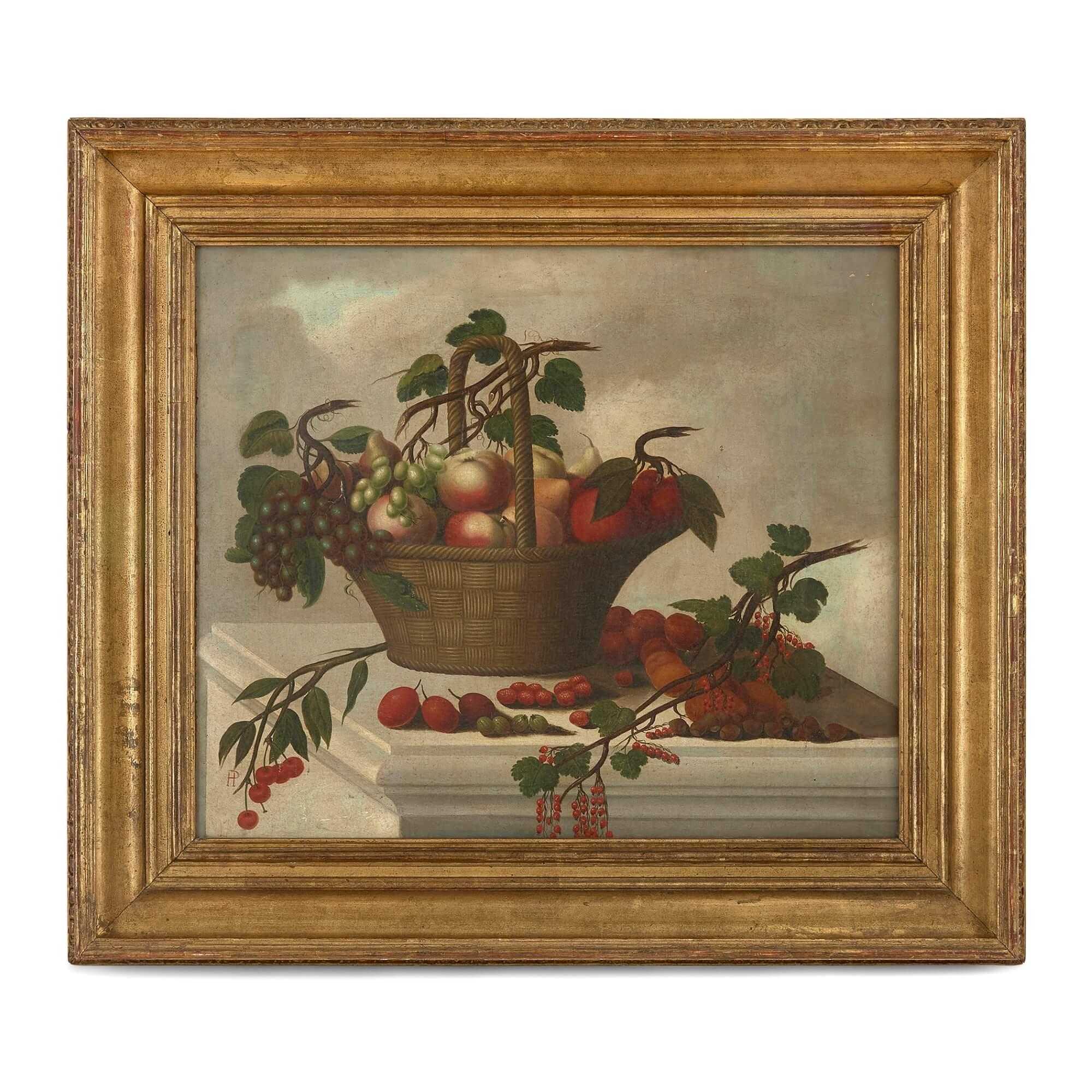 Unknown Still-Life Painting - Still life painting of fruit in a basket