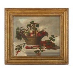 Still life painting of fruit in a basket
