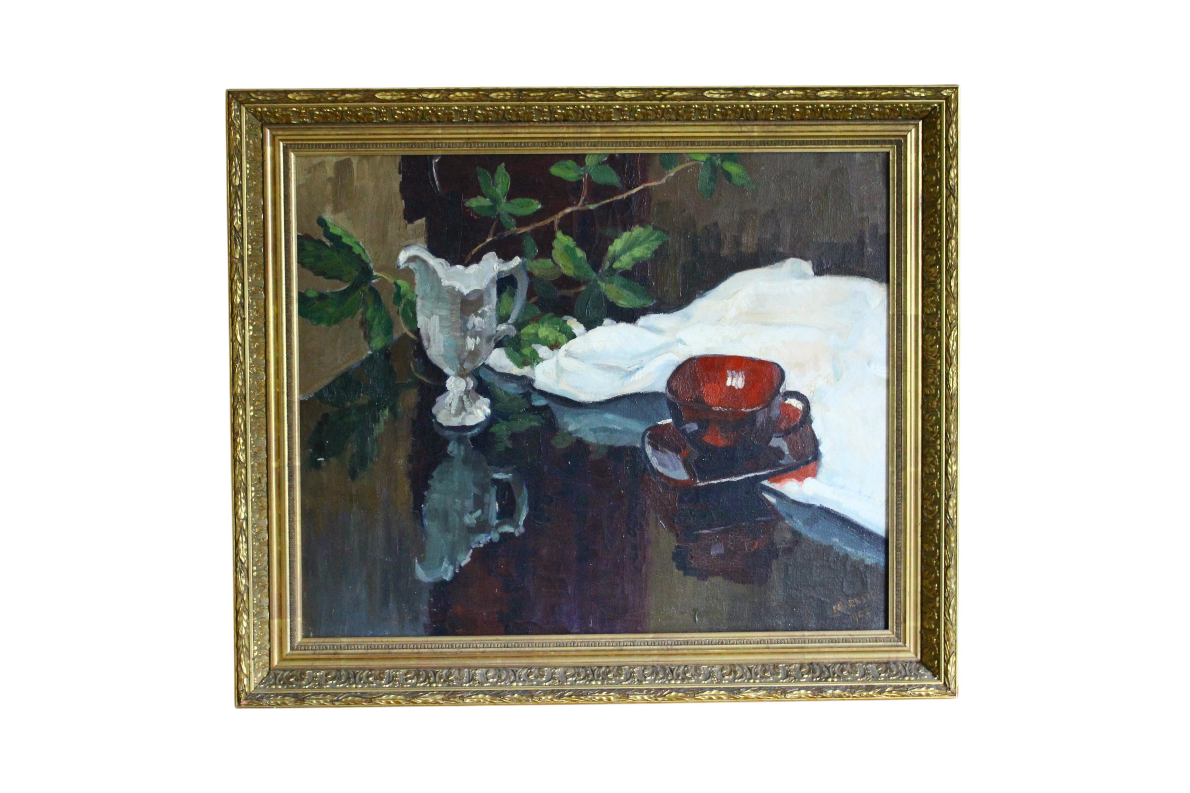 Vintage Still Life Post-Impressionist Oil Painting on Canvas in Gilt Frame