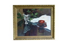 Impressionista d'epoca firmato e datato Pittura ad olio su tela con natura morta