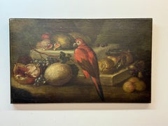 Vintage Still life painting, with parrot on a table, decorated with exotic fruit