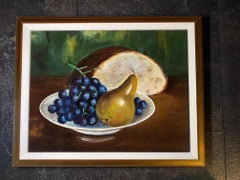 Nature morte poire et raisin - Huile sur toile 25x30 cm