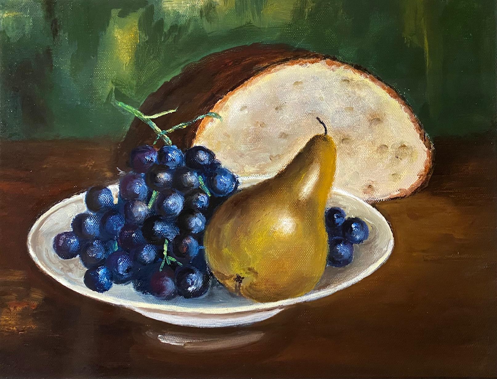Unknown Still-Life Painting - Still life pear and grape - Oil on canvas 25x30 cm