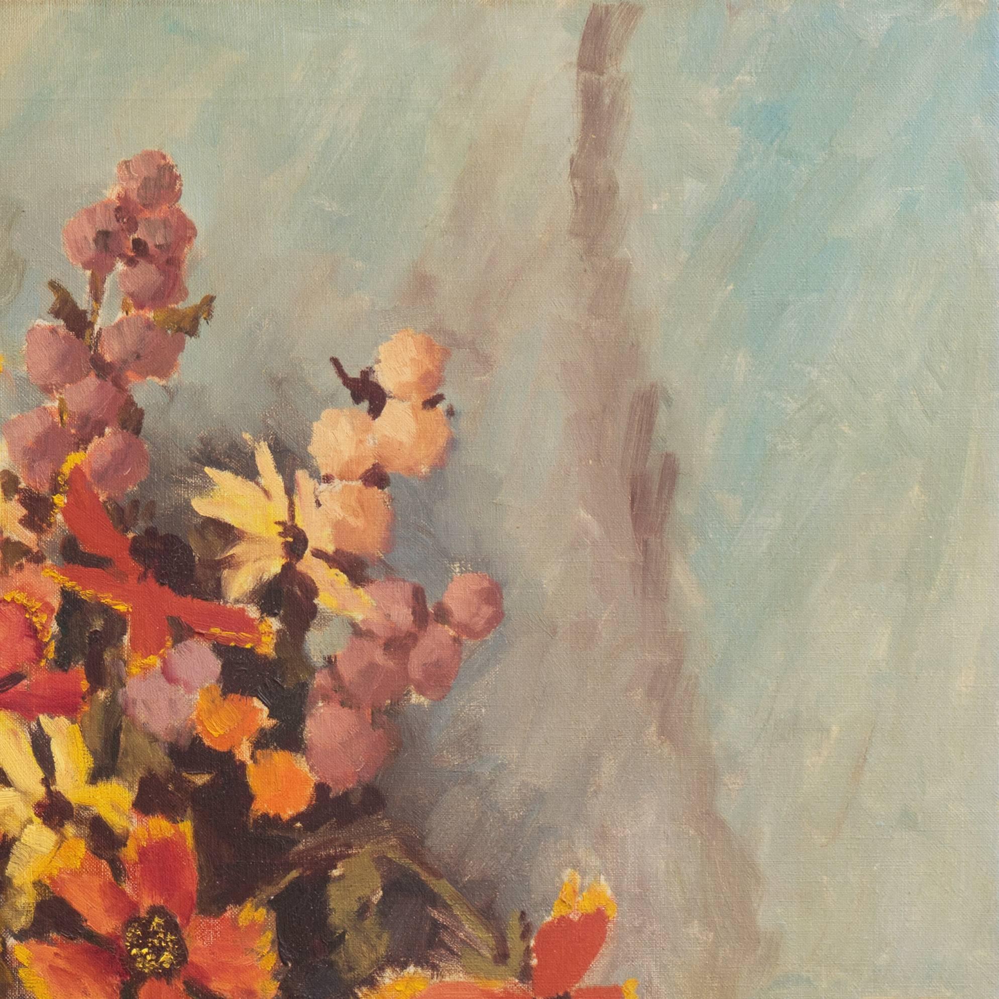 Signed lower right, 'S. L. Kramer' (American, 20th century) and painted circa 1960.

A mid-century, oil still-life showing a bouquet of spring flowers informally arranged in a glass vase, set upon a coral tablecloth and contrasted against a