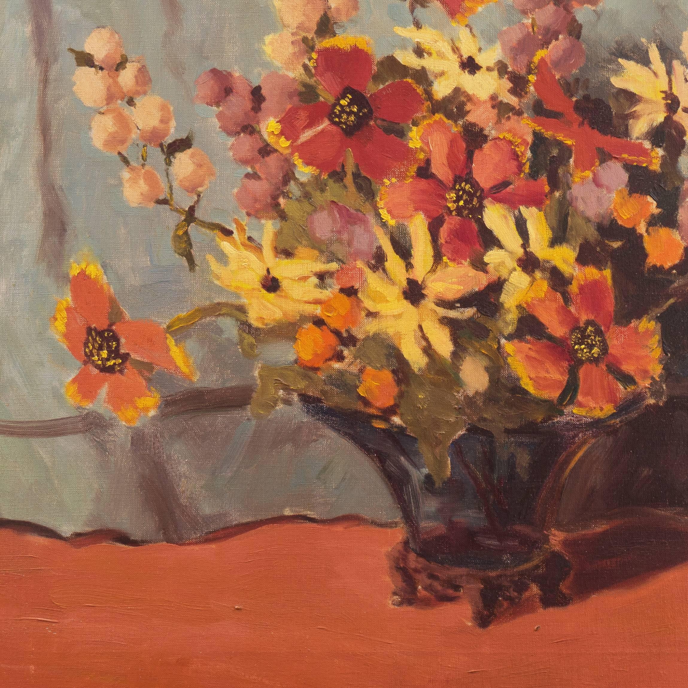'Still Life, Rust and Jade', American School Spring Flowers  Post-Impressionist  For Sale 4