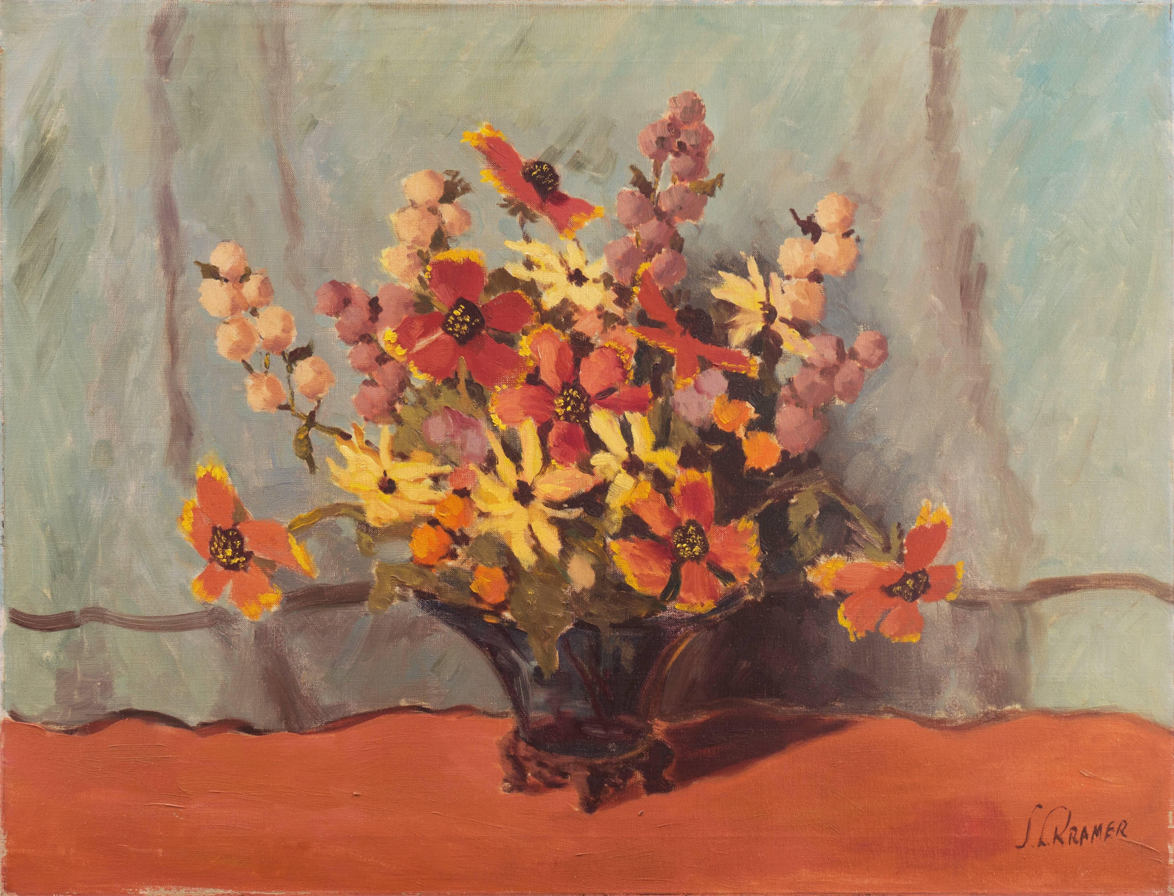 'Still Life, Rust and Jade', American School Spring Flowers  Post-Impressionist 