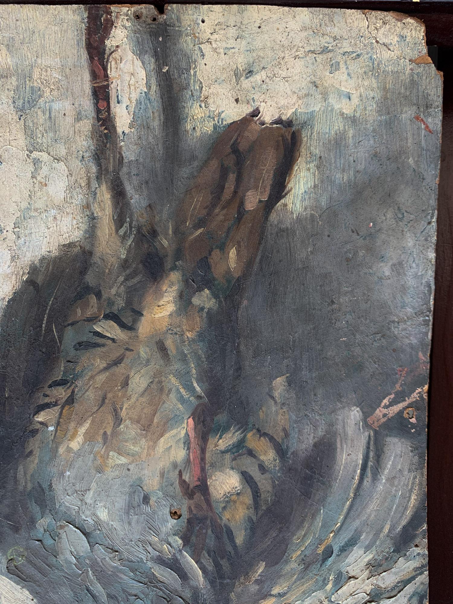 Stilleben mit Vogel.
Skizze von frisch gerupftem, hängendem Wild

Öl auf Karton, 23 x 38 cm

Erste Hälfte des 20. Jahrhunderts, Italienische Schule

Guter Gesamtzustand; Ränder mit kleinen Chips, Gebrauchsspuren und studiotypischen Nadellöchern.