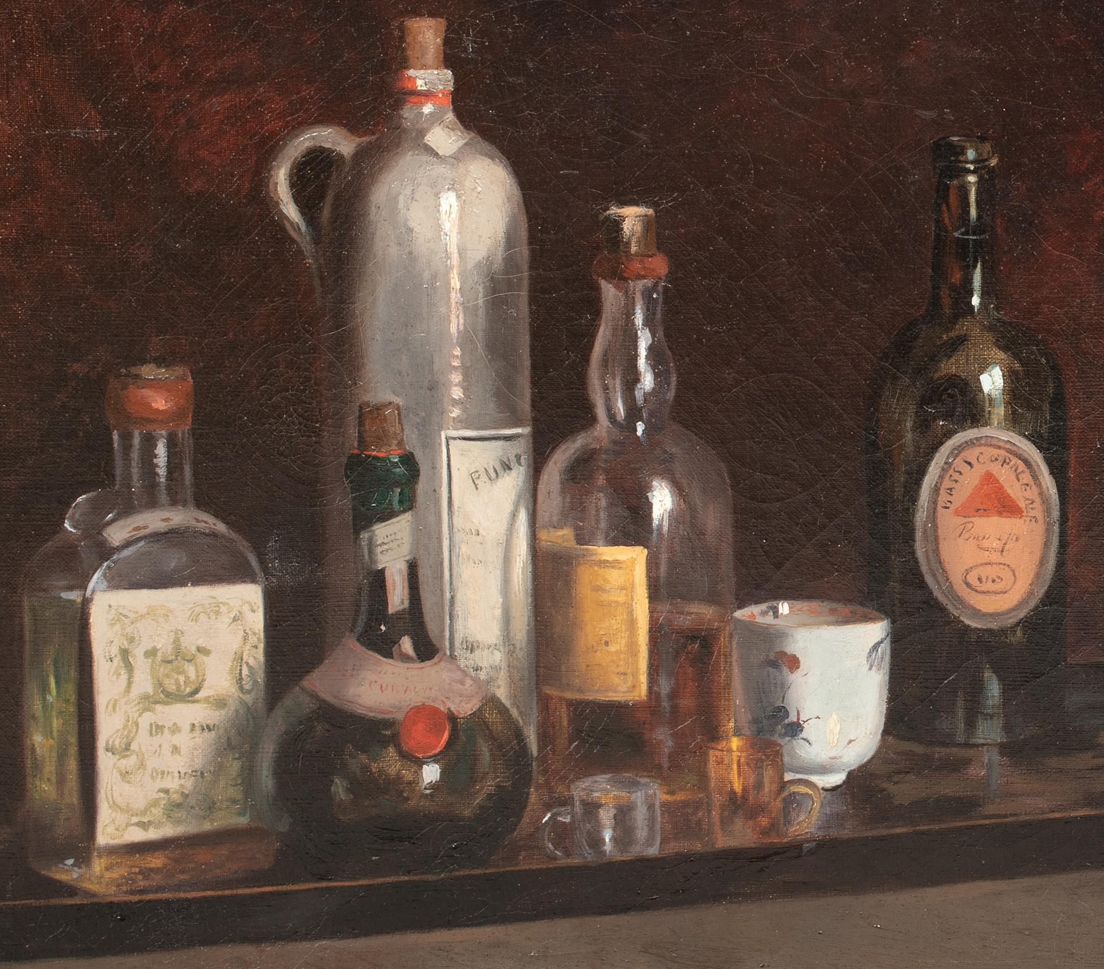 Still Life Study Of Whiskey, Wine & Cognac On A Serving Tray, 19th Century For Sale 6