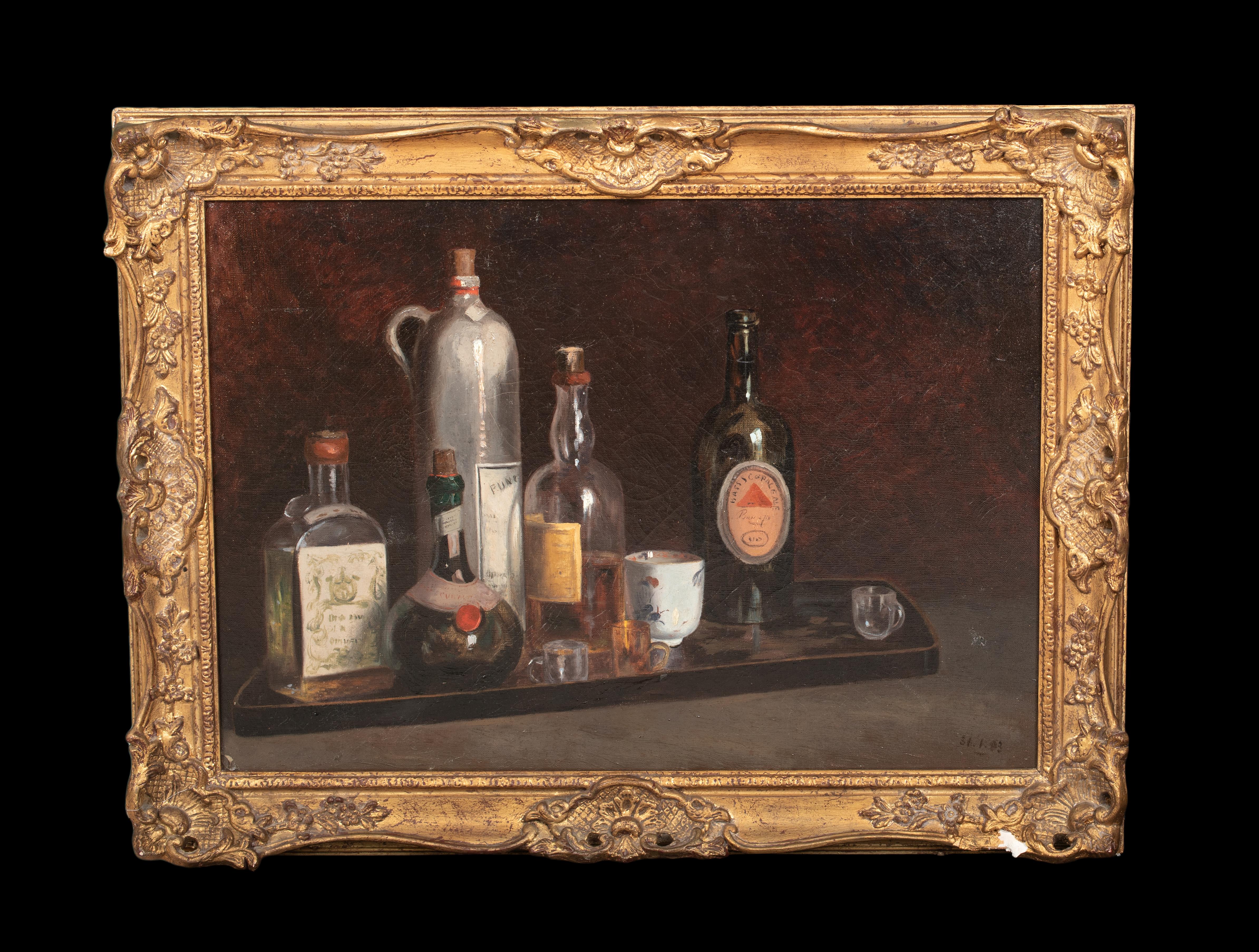 Still Life Study Of Whiskey, Wine & Cognac On A Serving Tray, 19th Century - Painting by Unknown