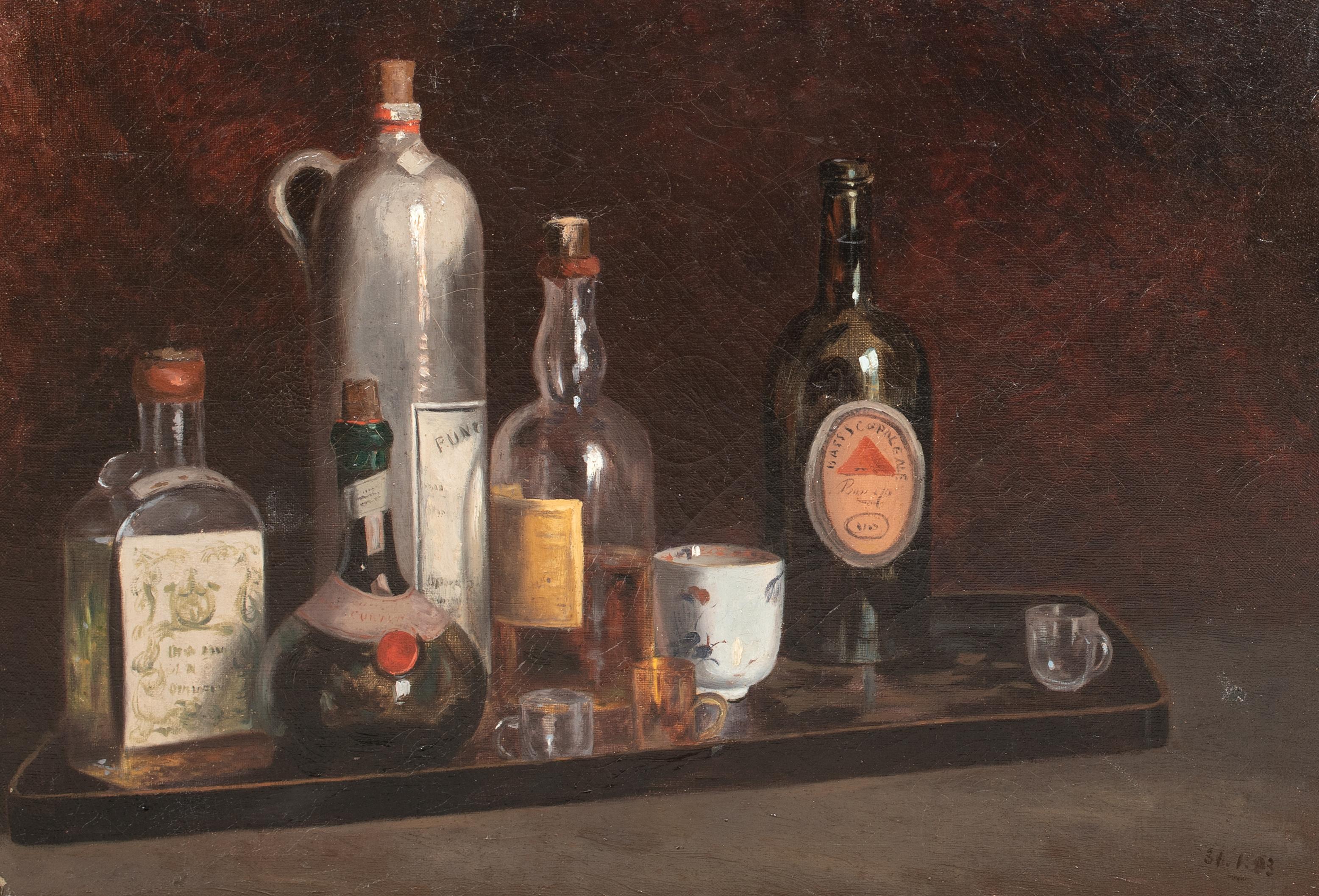 Still Life Study Of Whiskey, Wine & Cognac On A Serving Tray, 19th Century - Black Landscape Painting by Unknown