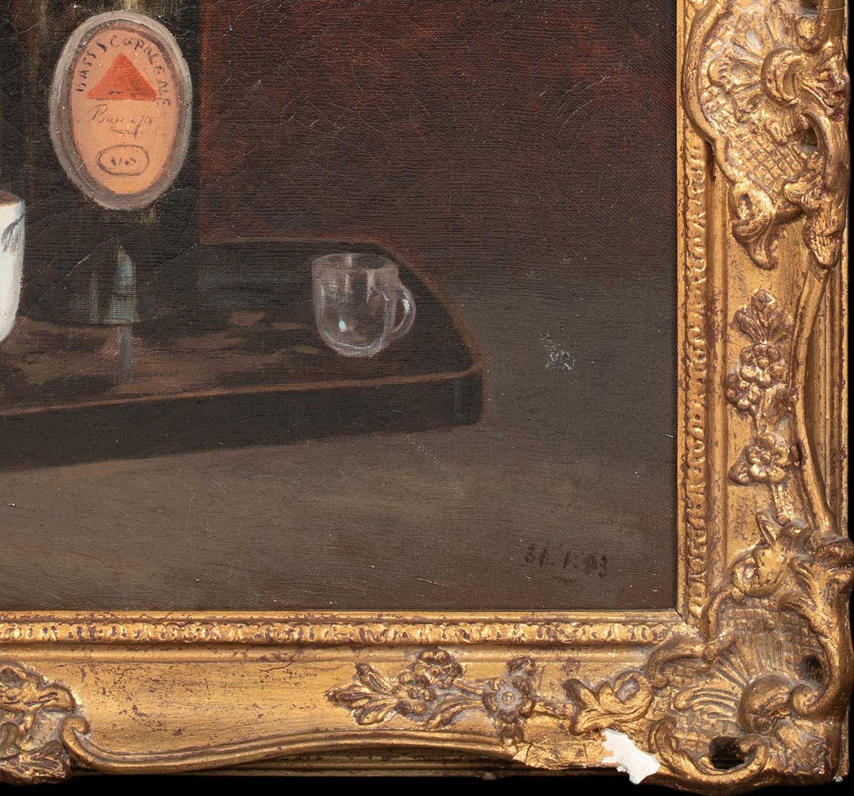 Still Life Study Of Whiskey, Wine & Cognac On A Serving Tray, 19th Century

French School

Large 19th Century French still life of various bottles of alcohol upon a serving tray, oil on canvas. Excellent quality and condition presented in a goof