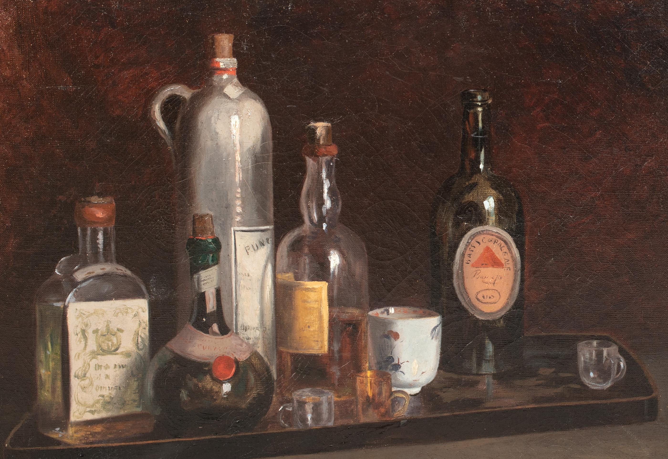 Still Life Study Of Whiskey, Wine & Cognac On A Serving Tray, 19th Century For Sale 1
