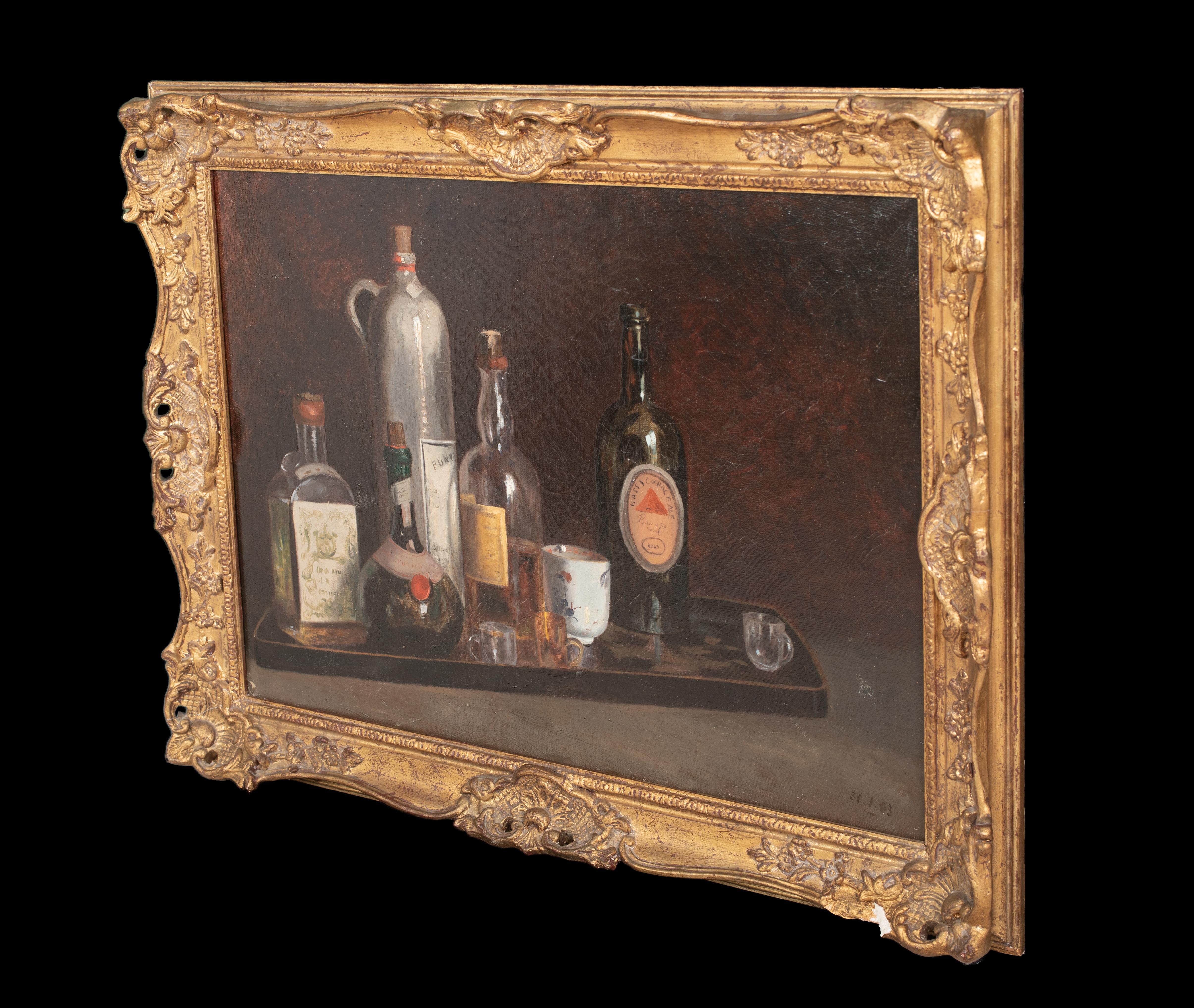 Still Life Study Of Whiskey, Wine & Cognac On A Serving Tray, 19th Century For Sale 4