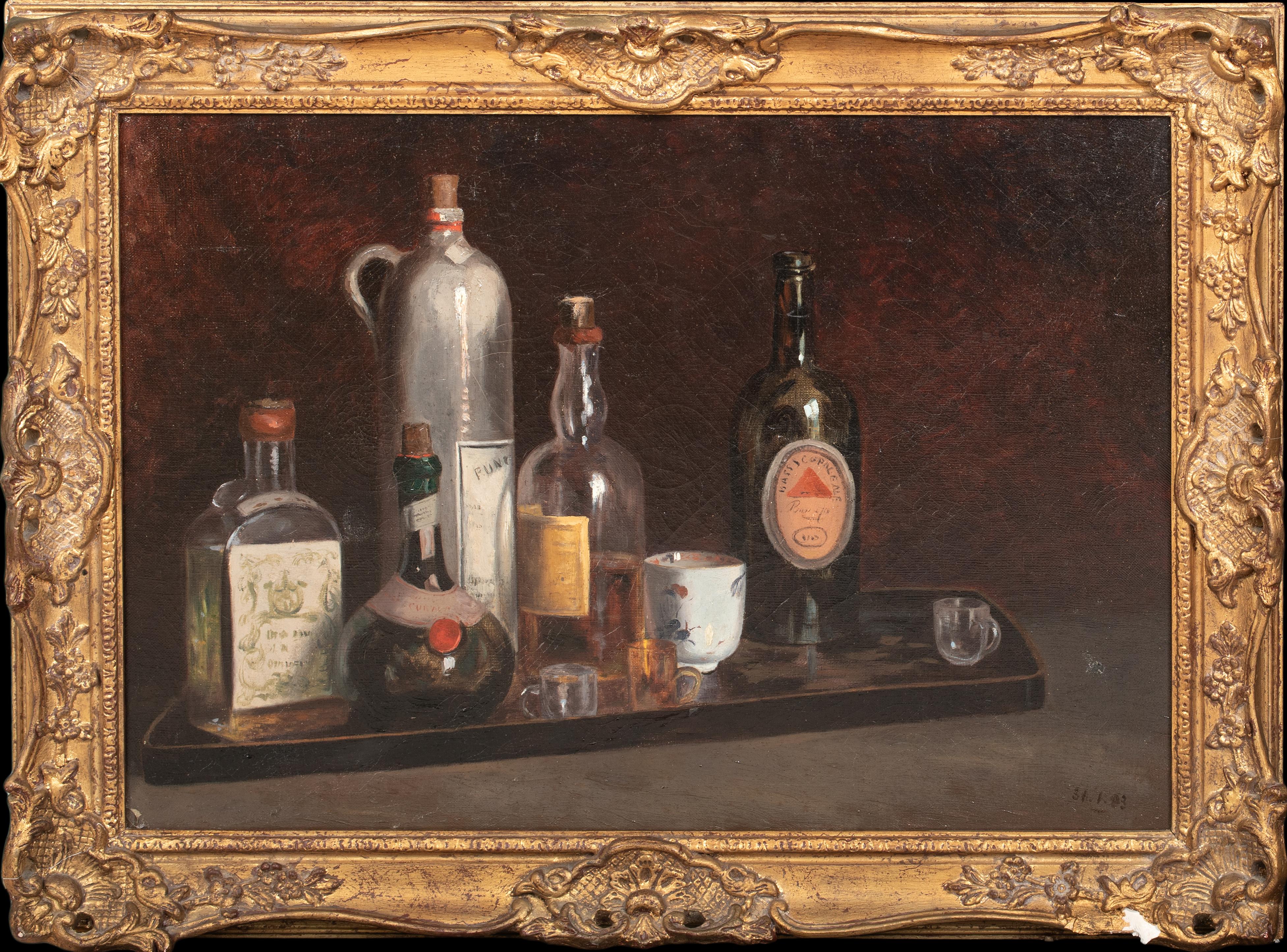 Unknown Landscape Painting - Still Life Study Of Whiskey, Wine & Cognac On A Serving Tray, 19th Century