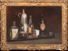 Still Life Study Of Whiskey, Wine & Cognac On A Serving Tray, 19th Century