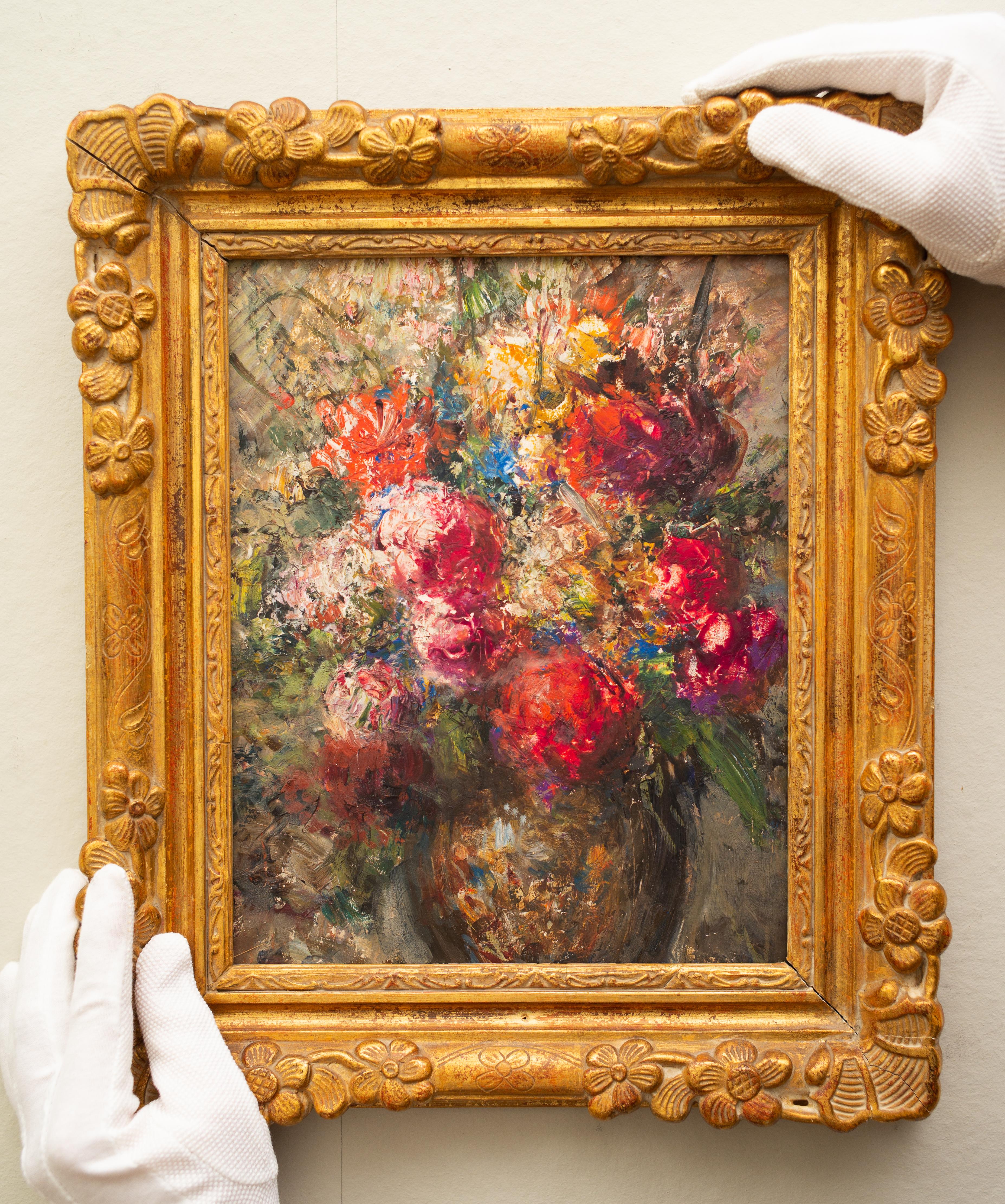 Still Life Vase With Flowers,  1950s, Oil on Board, A Tergo Marked De Pisis  - Painting by Unknown