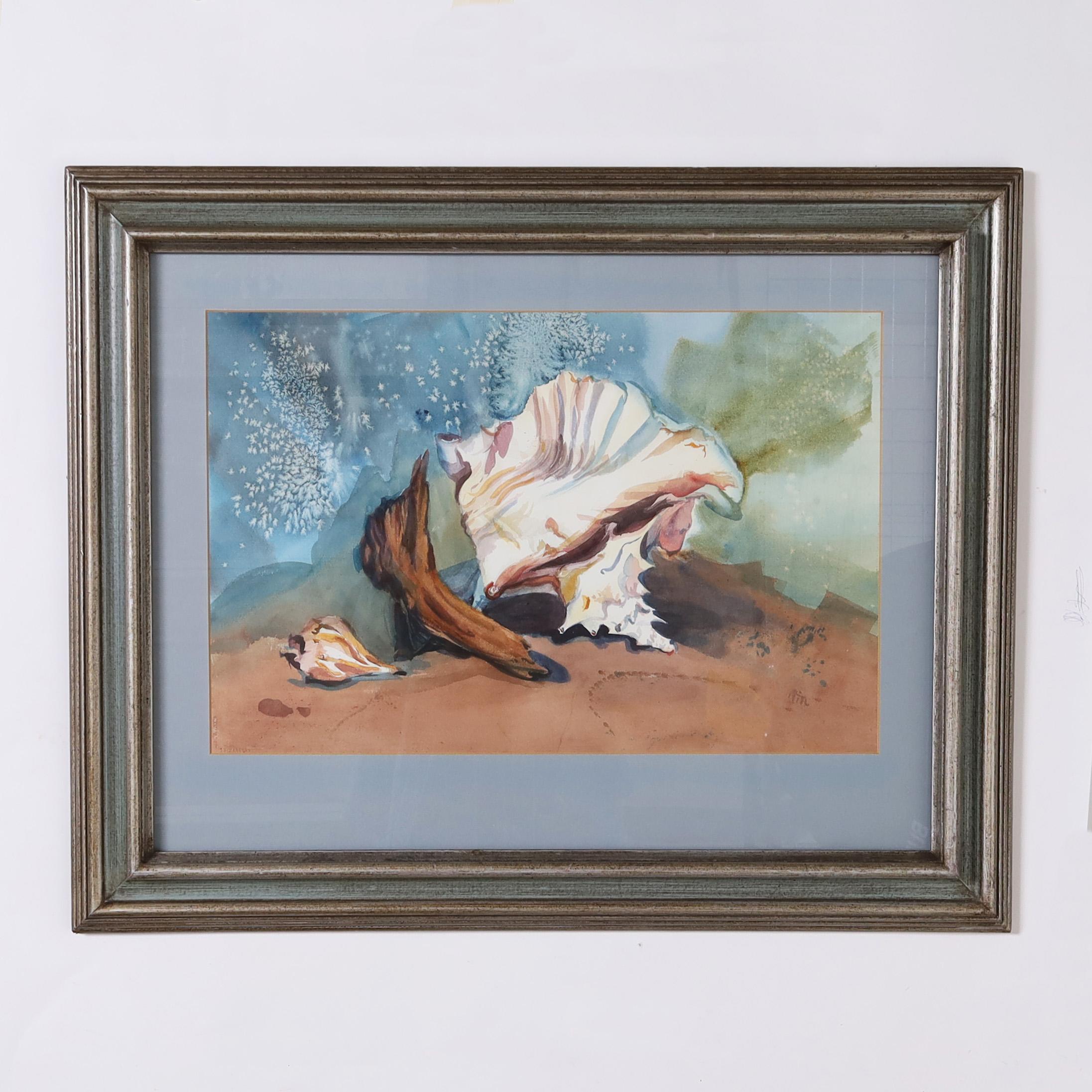 Unknown Still-Life Painting - Still Life Watercolor of a Conch Shell