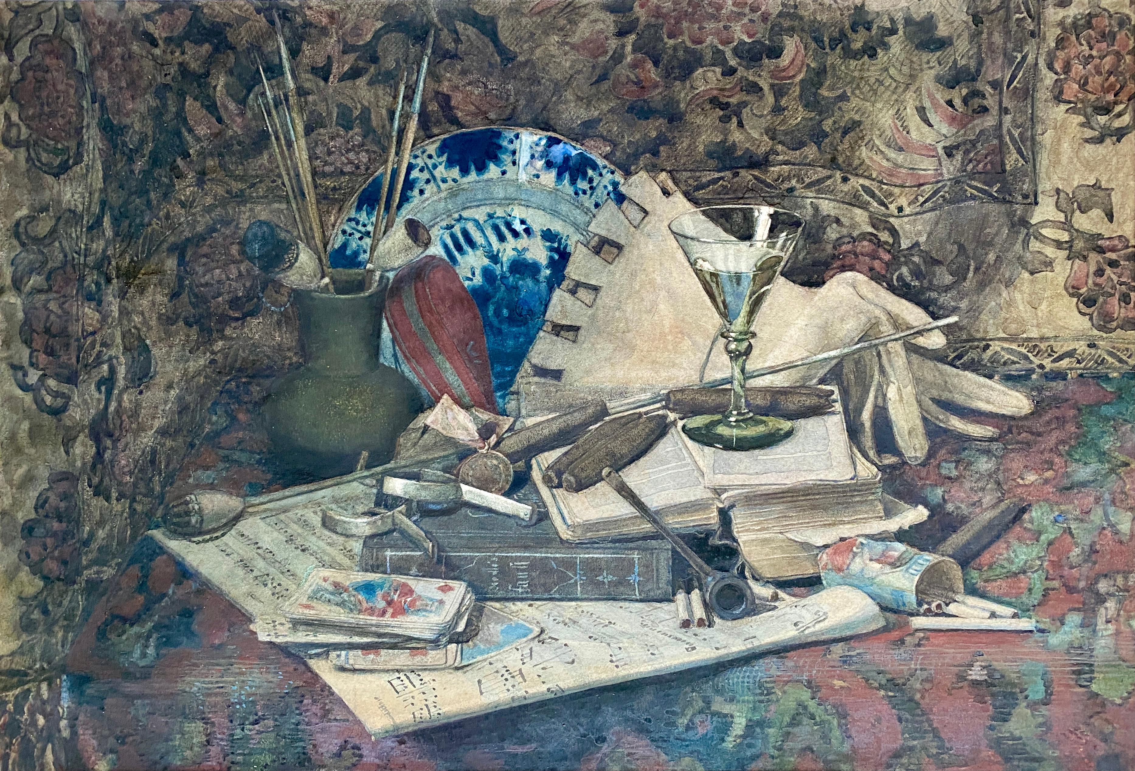 Still Life with a Cigars, Playing Cards and Delft Plate, Artist 19 - 20 Century - Painting by Unknown