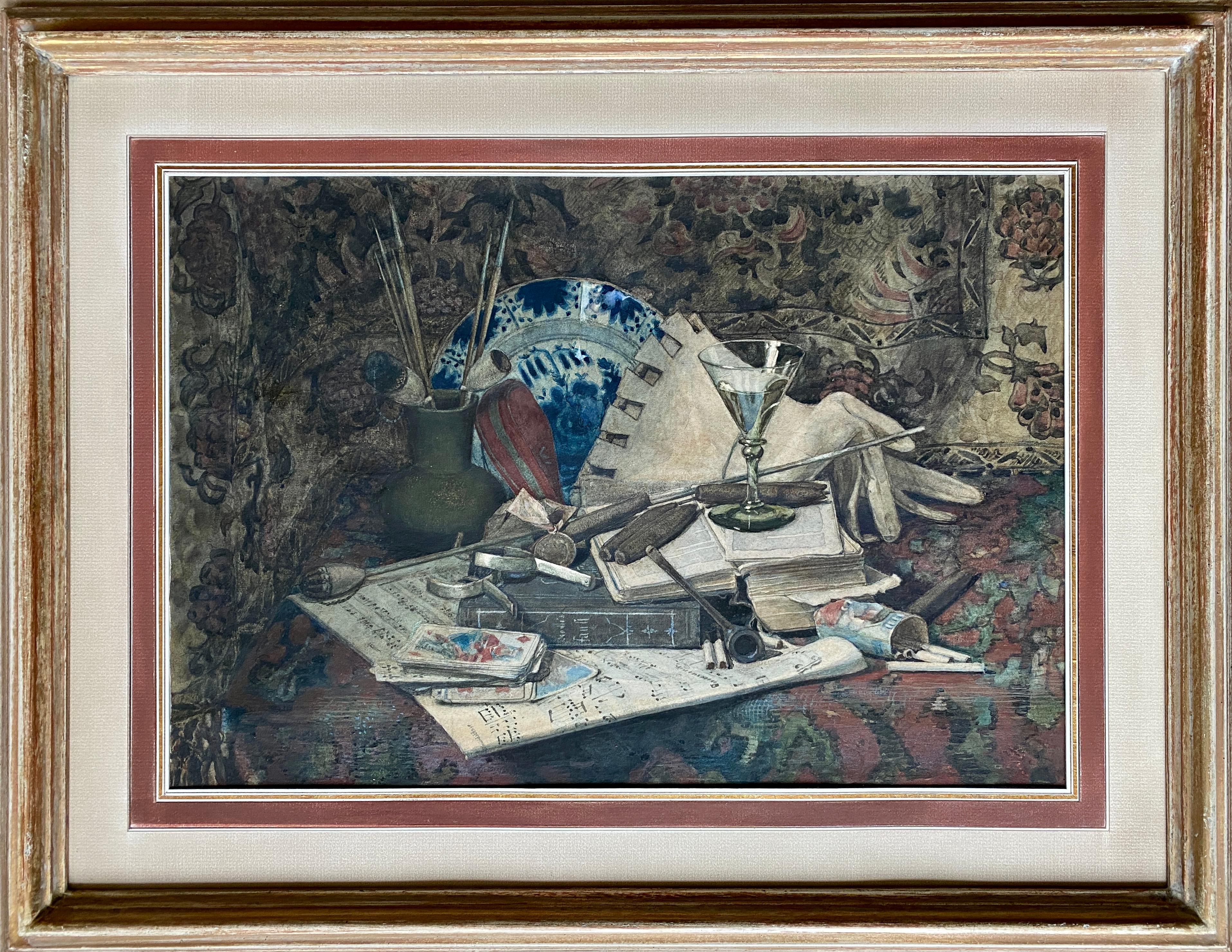 Unknown Interior Painting - Still Life with a Cigars, Playing Cards and Delft Plate, Artist 19 - 20 Century