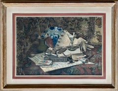 Nature morte avec un cigare, cartes à jouer et assiette de Delft, artiste 19 - 20ème siècle