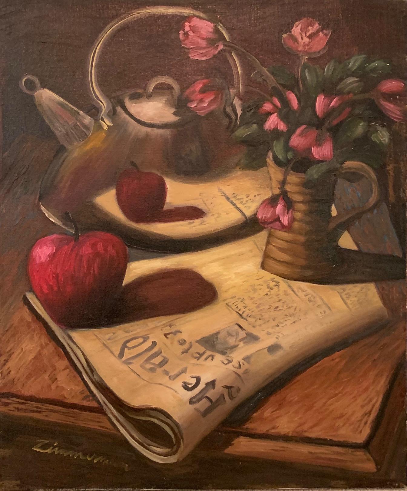 « Still life with a newspaper », huile sur toile, huile sur toile - Painting de Unknown