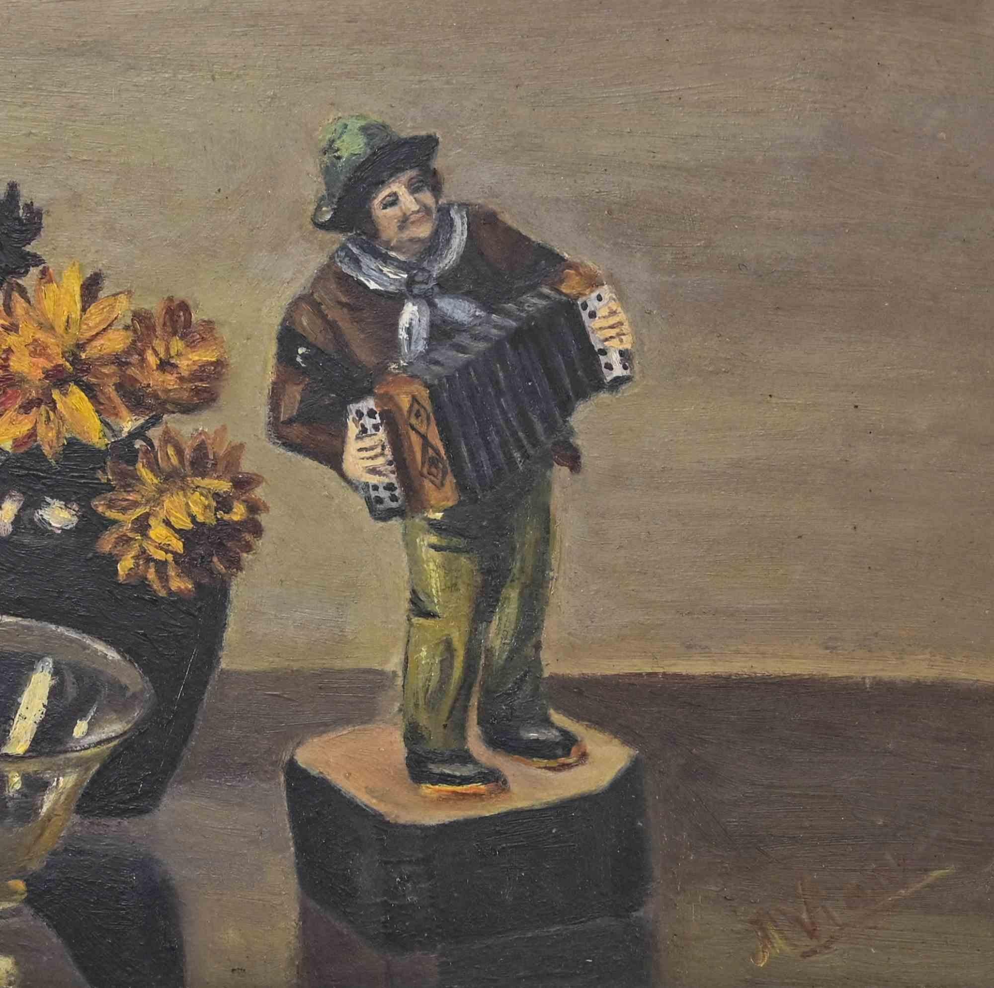 Still Life with Accordion Player - Oil Paint - Mid-20th Century - Painting by Unknown