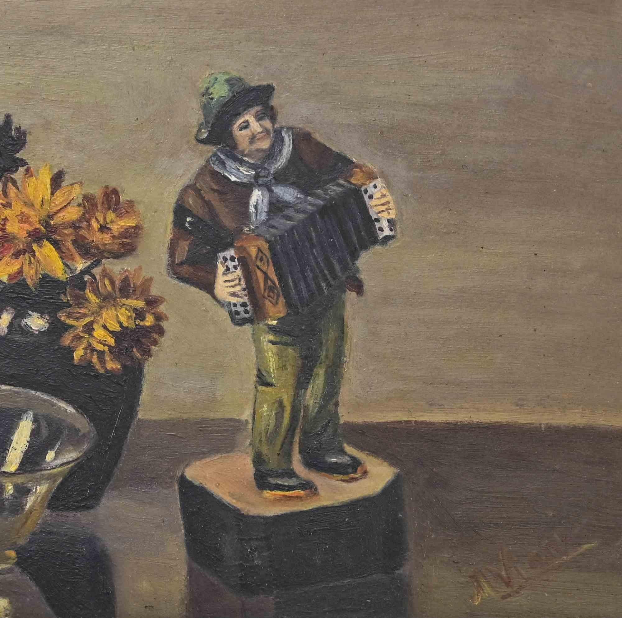 Naturaleza muerta con acordeonista - Pintura al óleo - Mediados del siglo XX - Painting de Unknown