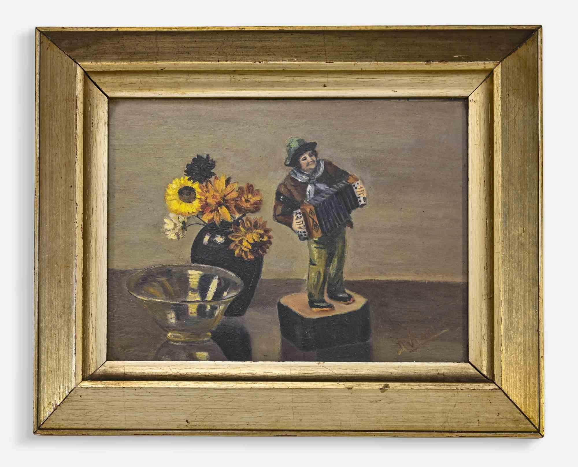 Unknown Figurative Painting - Still Life with Accordion Player - Oil Paint - Mid-20th Century