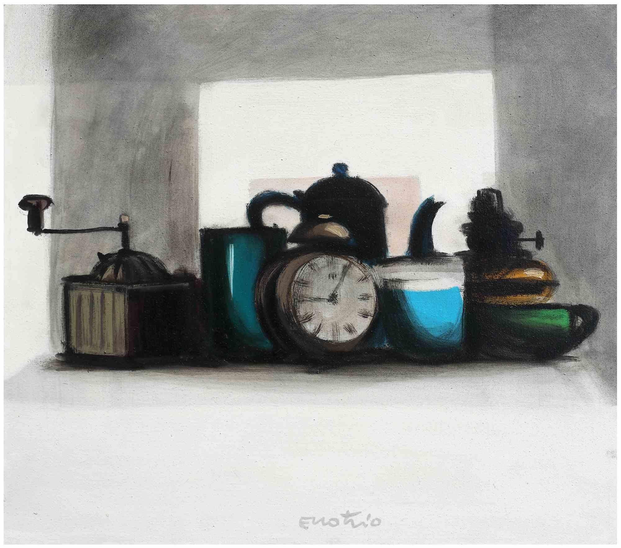 Unknown Figurative Painting - Still Life with Alarm Clock - Oil Painting by Enotrio Pugliese-Mid-20th Century