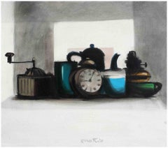 Still Life with Alarm Clock - Oil Painting by Enotrio Pugliese-Mid-20th Century