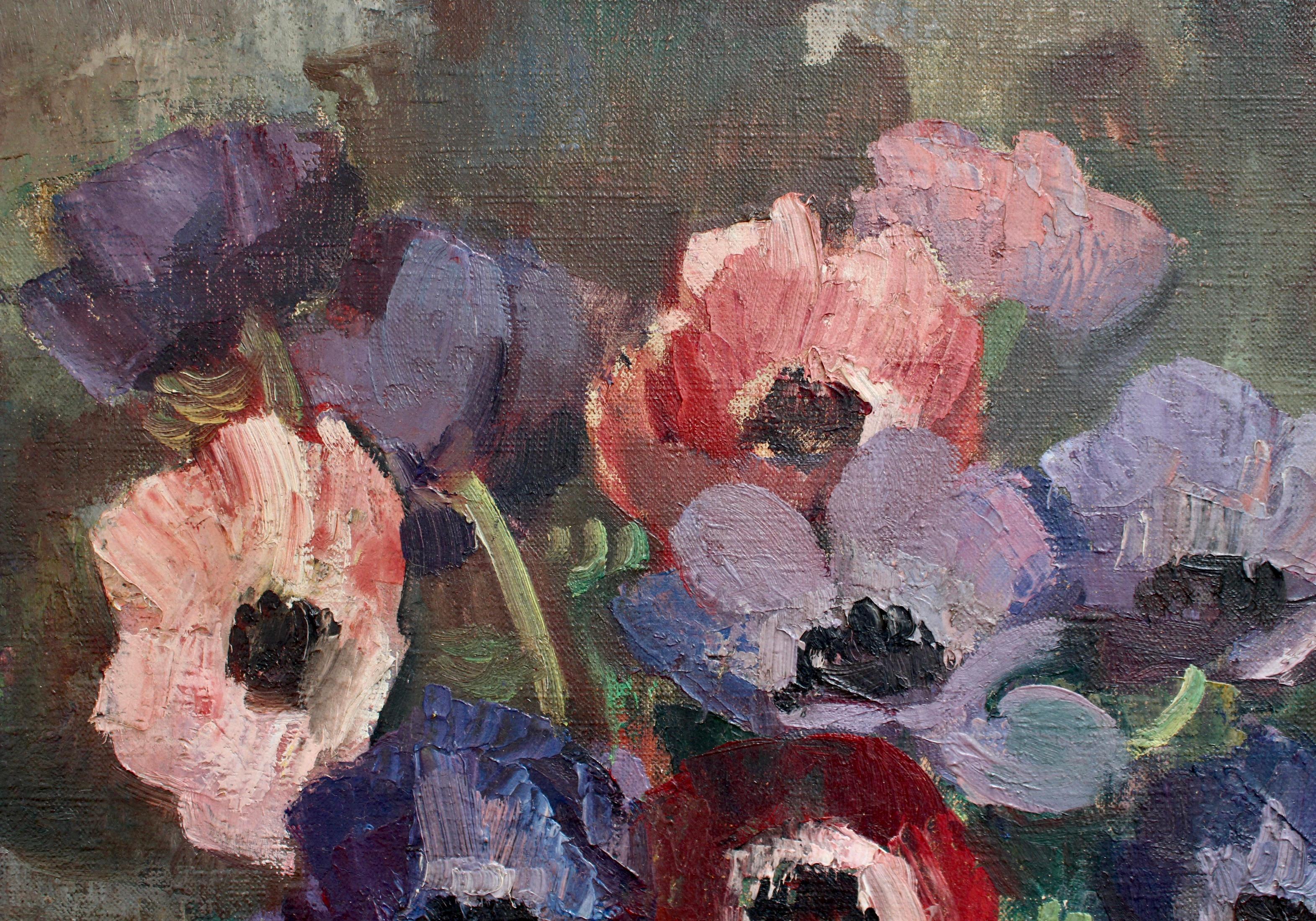 'Still Life with Anemones in Pitcher', oil on canvas, French School (circa 1930s). A very exceptional still life demonstrating masterful technique by the artist who has a delicate, sensitive touch and keen eye. The subdued light falls on a portion