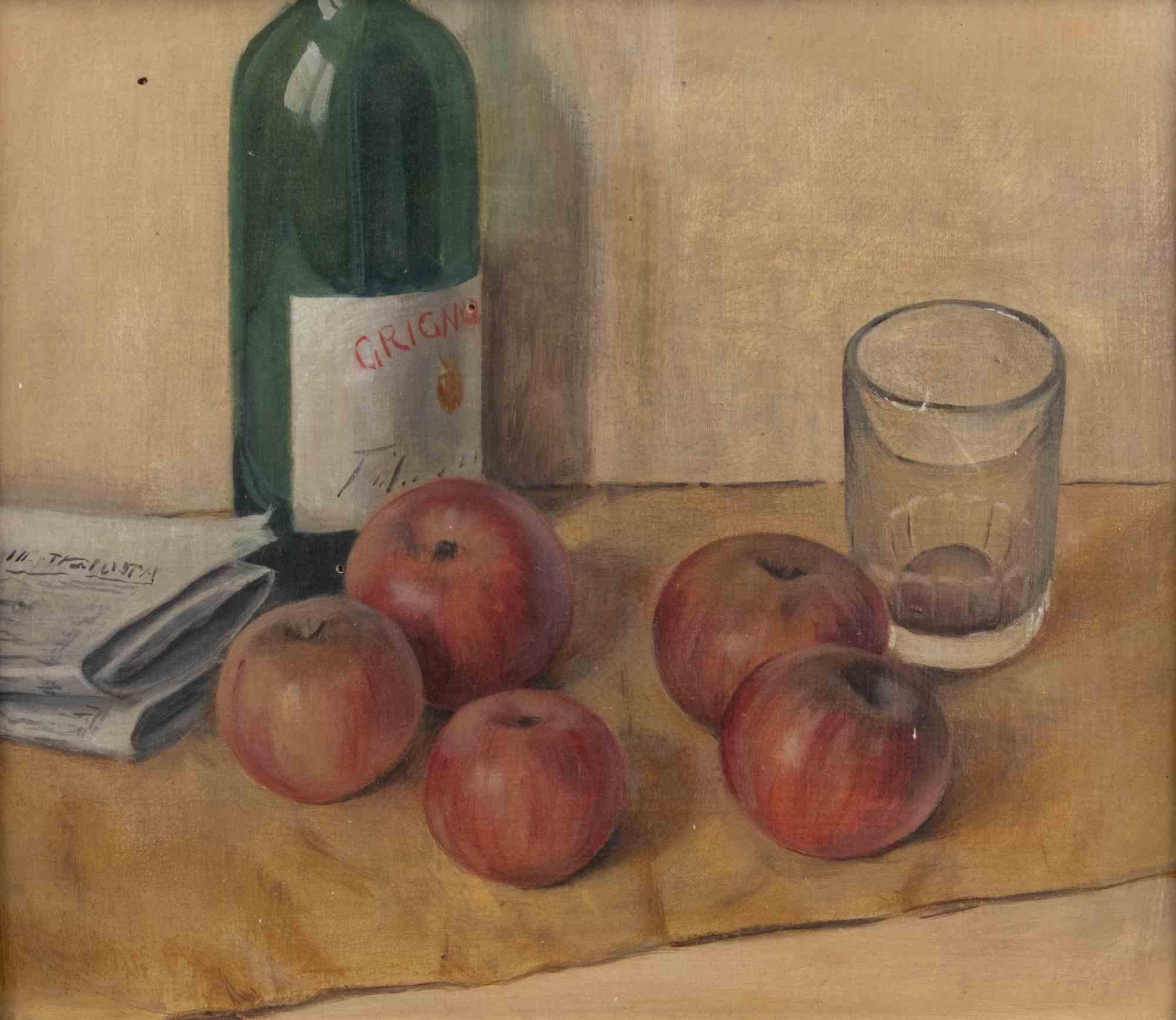 Still life with Apples and Bottle - Oil Paint - Mid-20th Century - Painting by Unknown