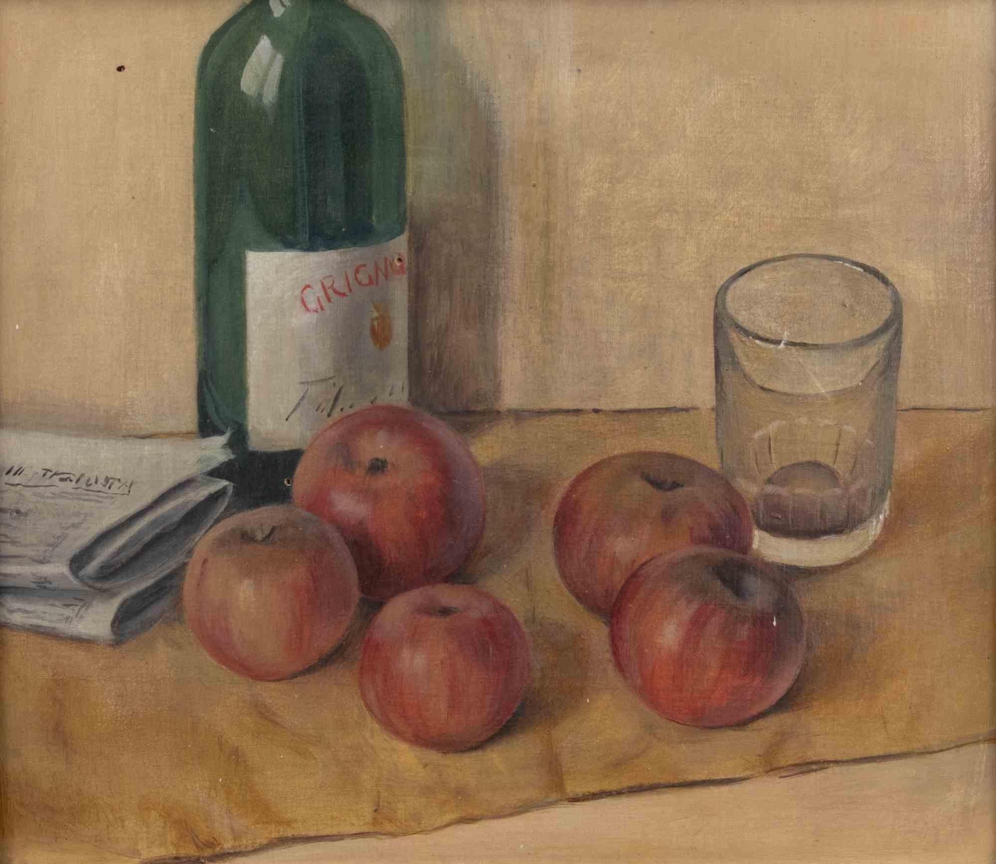 Stillleben mit Apfeln und Flasche – Ölfarbe – Mitte des 20. Jahrhunderts – Painting von Unknown