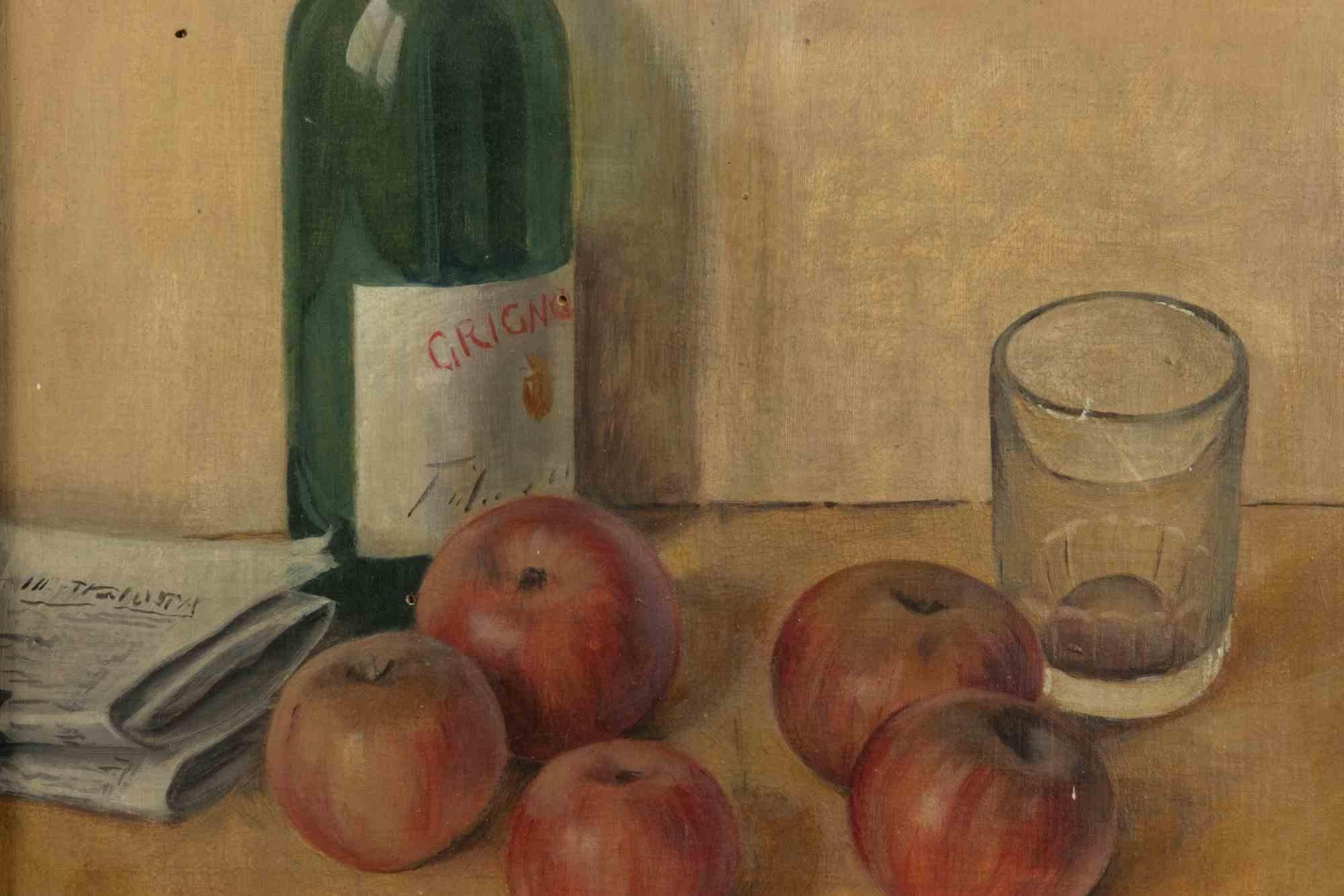 Stillleben mit Apfeln und Flasche – Ölfarbe – Mitte des 20. Jahrhunderts (Moderne), Painting, von Unknown