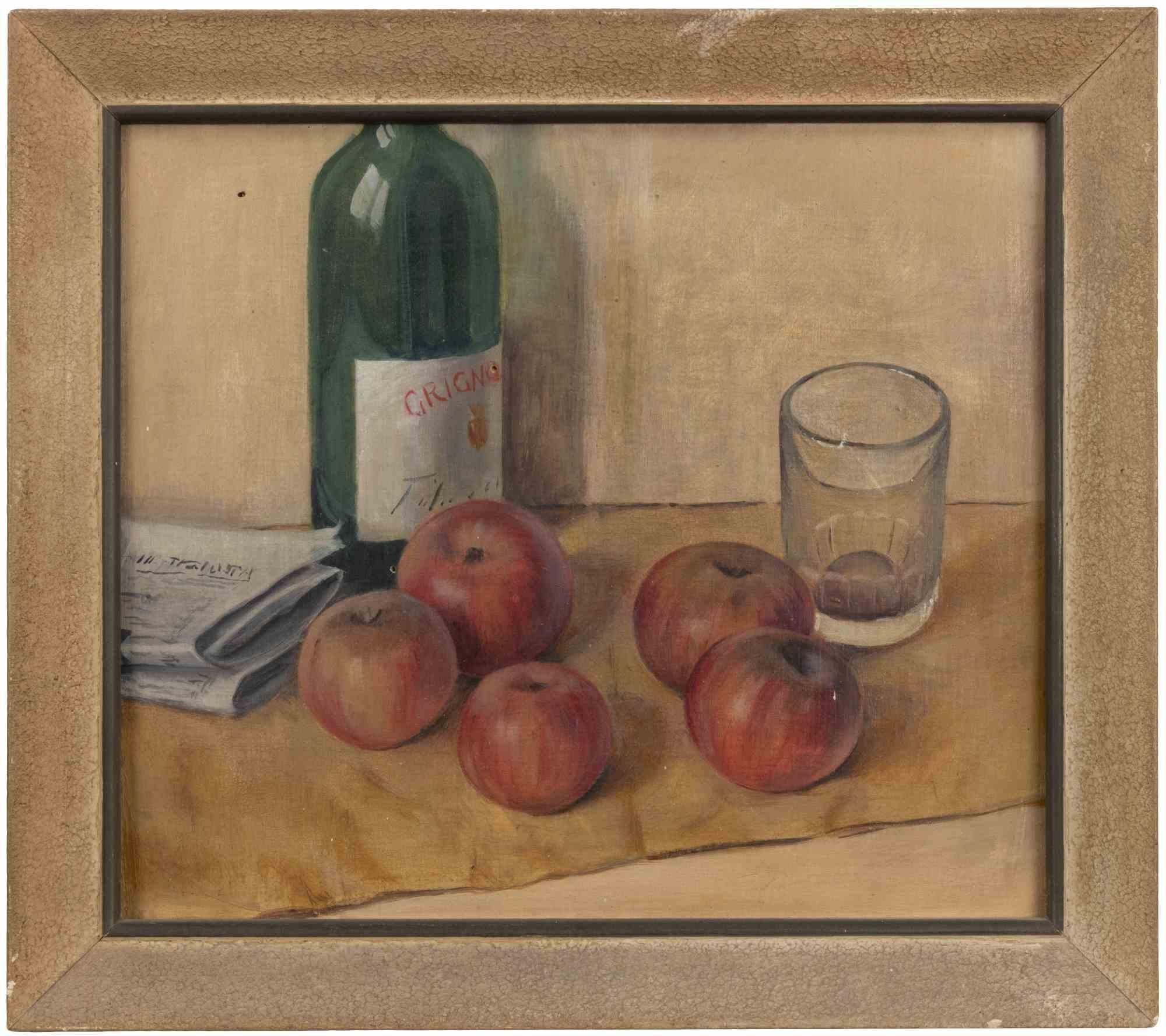 Unknown Still-Life Painting – Stillleben mit Apfeln und Flasche – Ölfarbe – Mitte des 20. Jahrhunderts