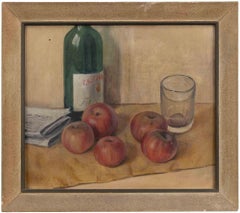 Stillleben mit Apfeln und Flasche – Ölfarbe – Mitte des 20. Jahrhunderts