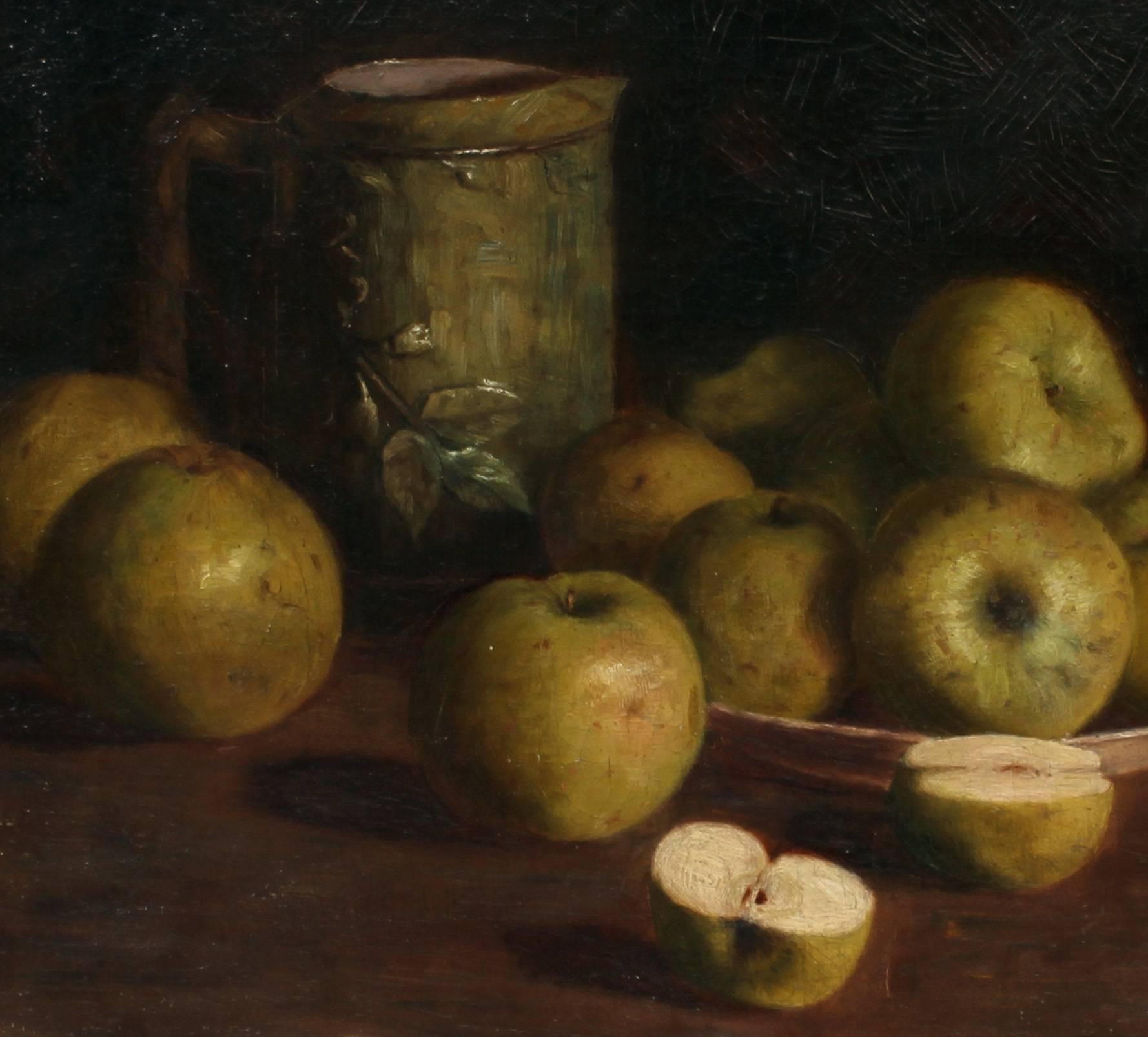 Still Life with Apples and Pitcher - American Realist Painting by Unknown