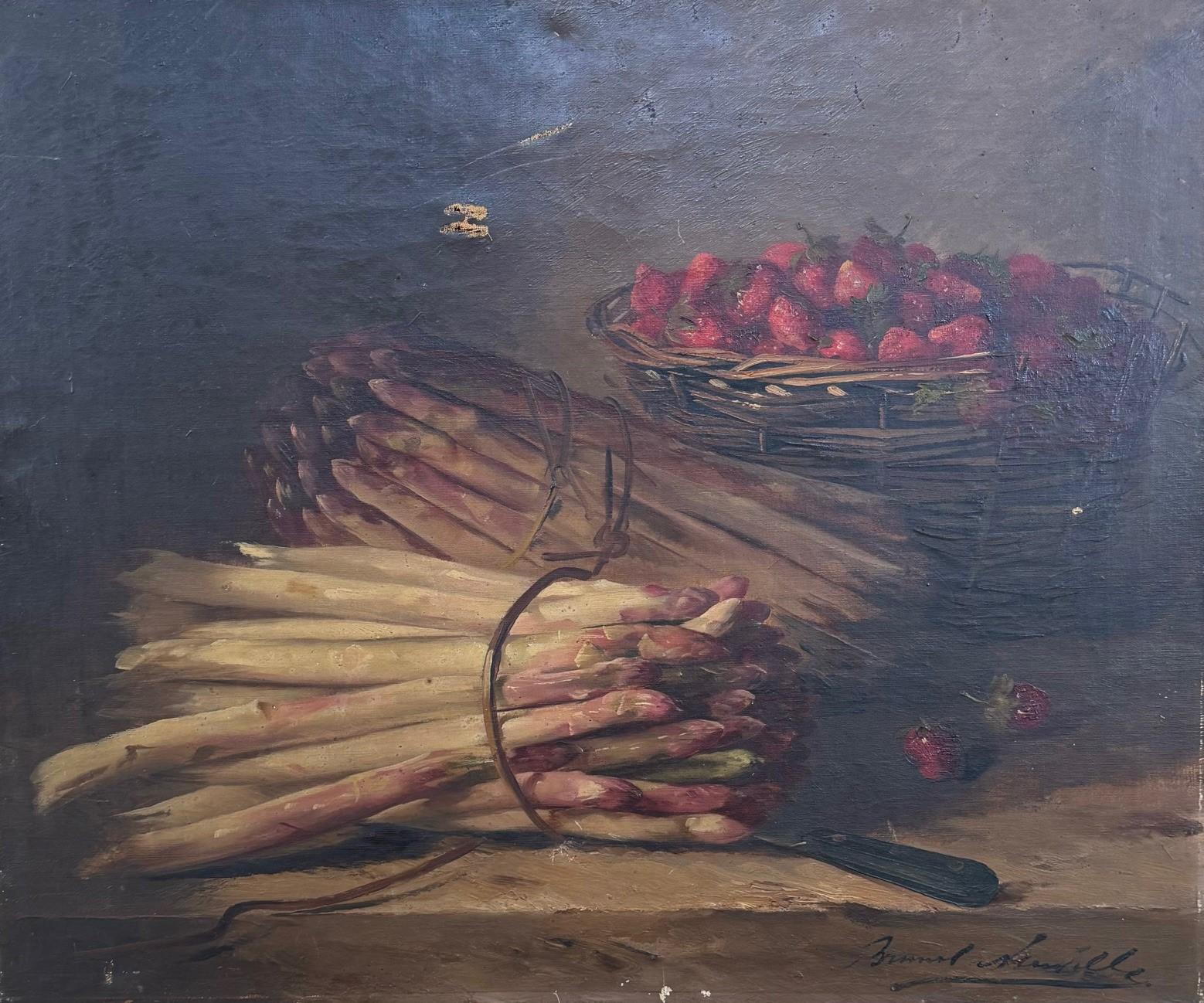 Still-Life Painting de Unknown - Bodegón con espárragos y fresas, Pintura antigua al óleo de bodegón