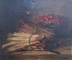Bodegón con espárragos y fresas, Pintura antigua al óleo de bodegón