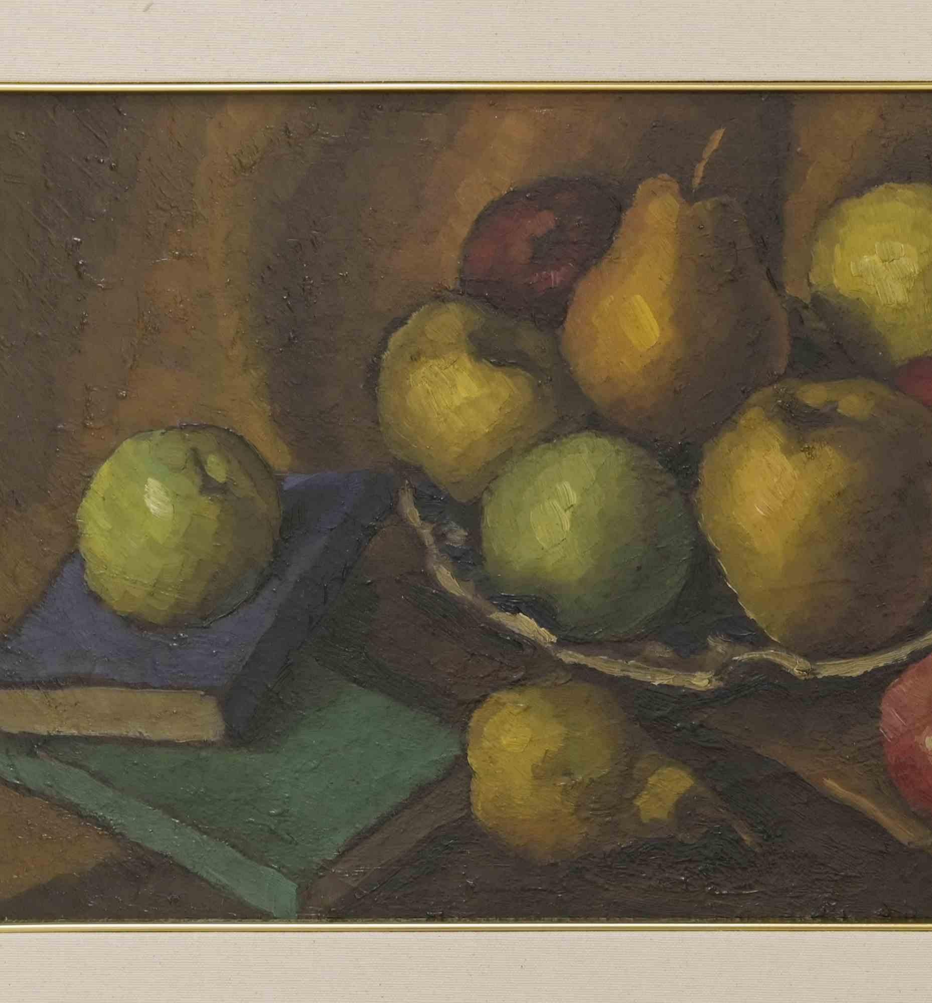 Still Life with Books and Pears - Oil Paint - Mid-20th Century - Painting by Unknown