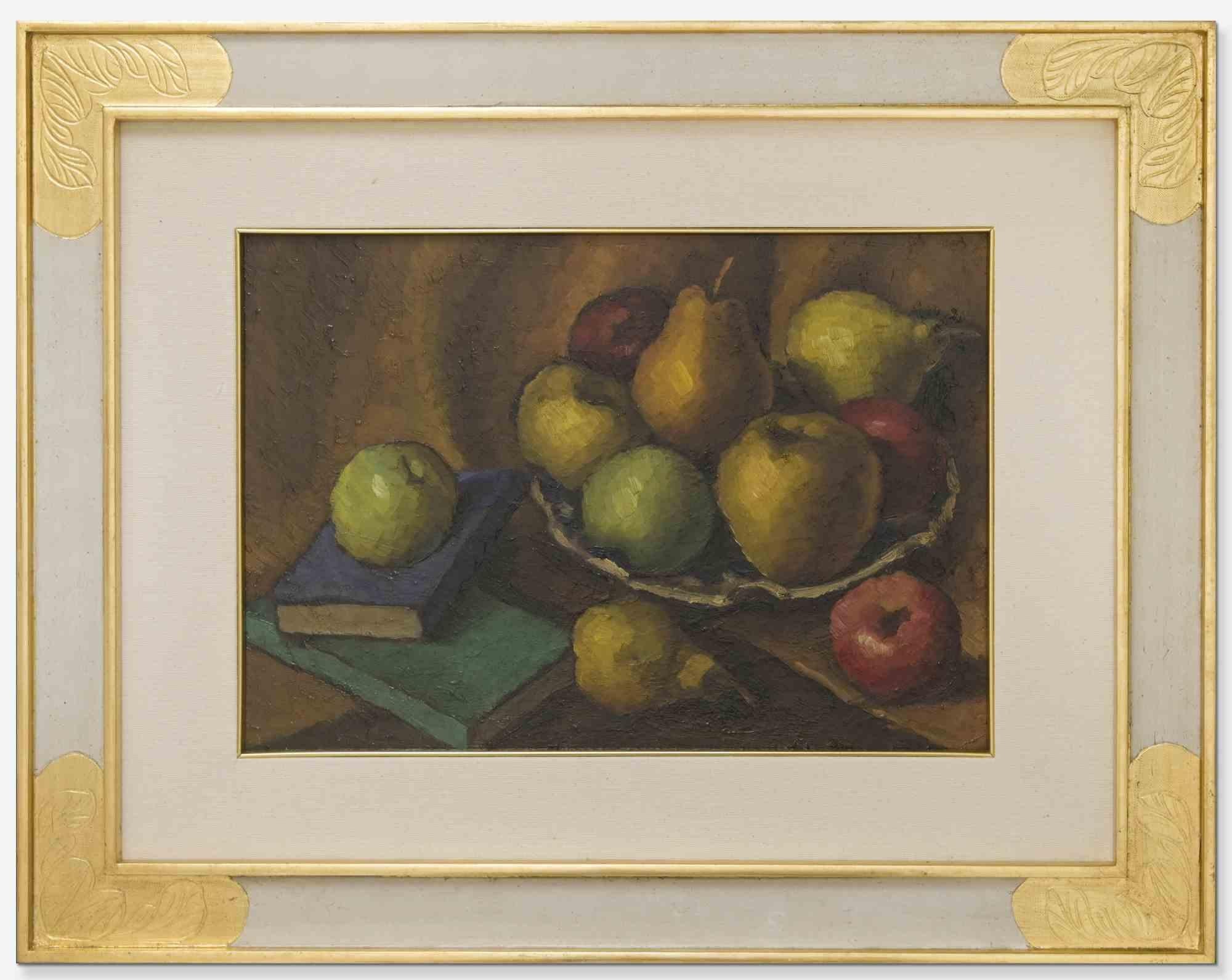 Still Life with Books and Pears - Oil Paint - Mid-20th Century