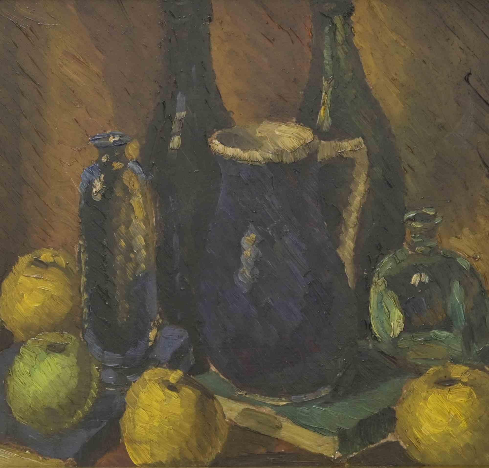 Still Life with bottles and books  is an artwork with frame, realized by an unknown artist of mid-20th Century. 

Oil on panel. 

36 x 51 cm ; 56 x 70 cm with framed.

Good condtions
