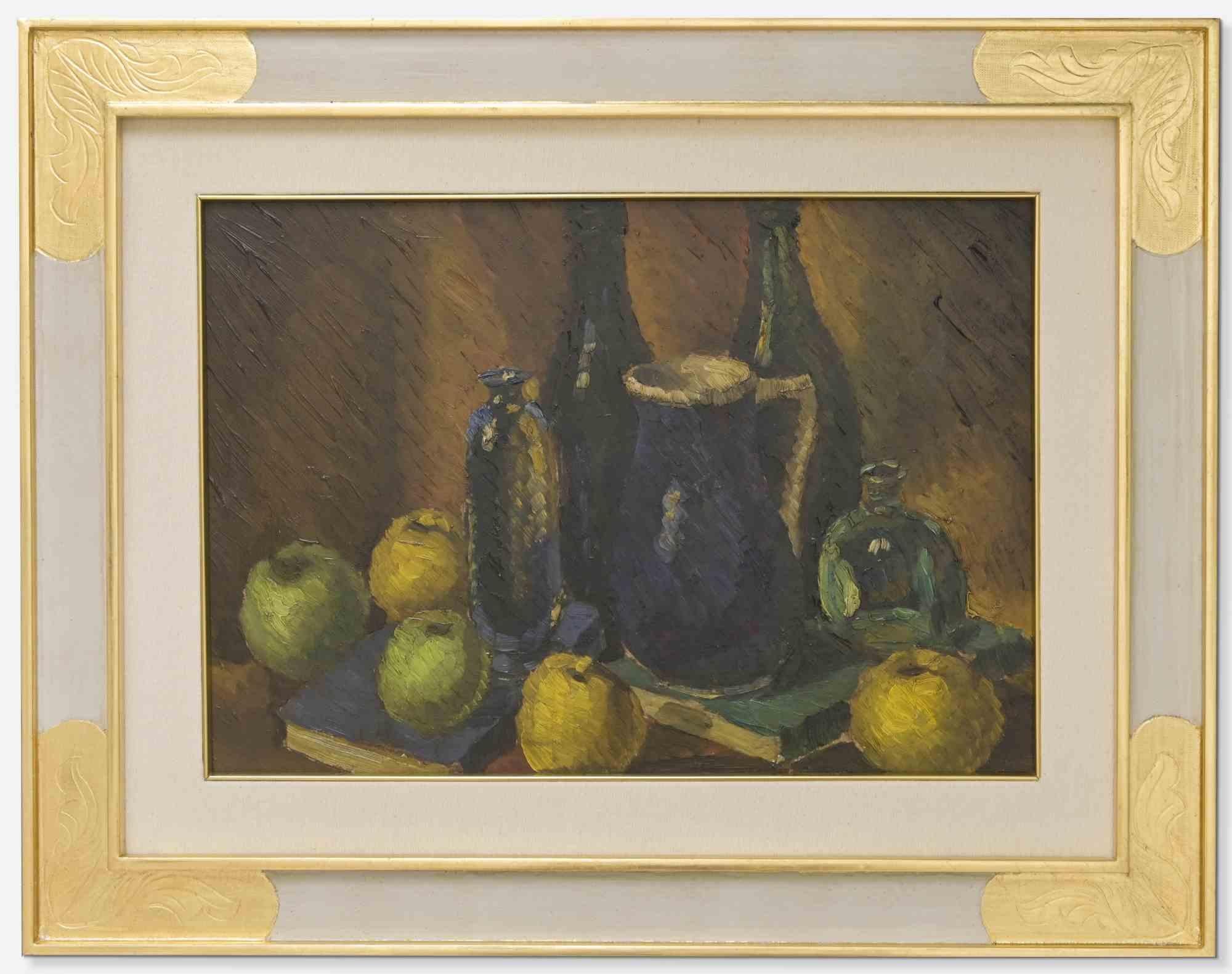 Bodegón con botellas y libros - Pintura al óleo - Mediados del siglo XX