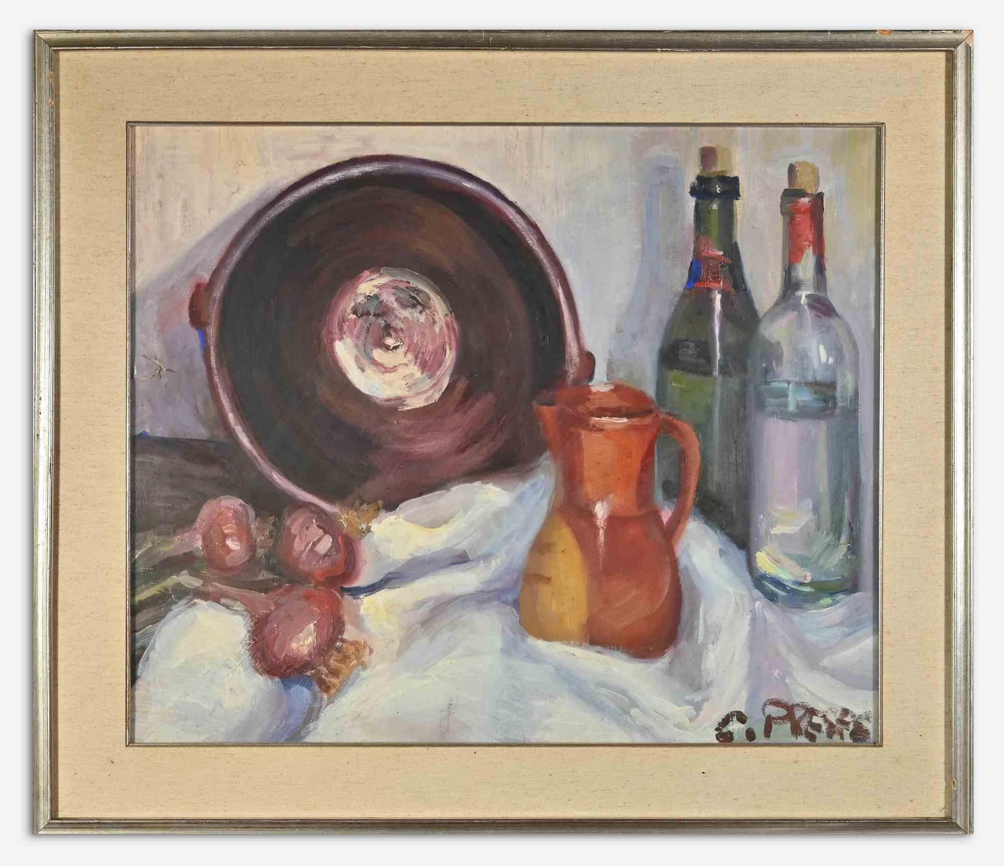Unknown Figurative Painting - Still Life with Bottles, Onions and Vase - Oil Paint - Mid-20th Century