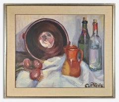 Vintage Still Life with Bottles, Onions and Vase - Oil Paint - Mid-20th Century