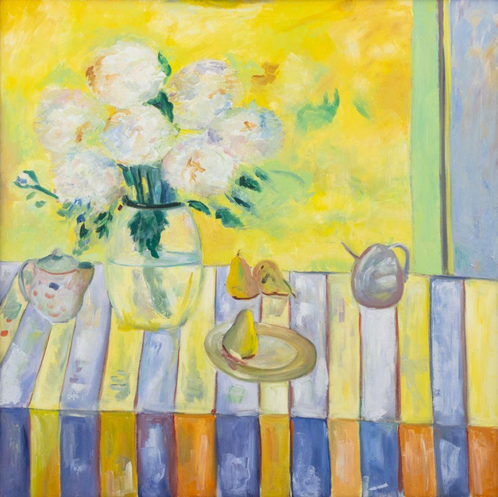 Stilleben mit Blumenstrauß und Birnen – Painting von Unknown