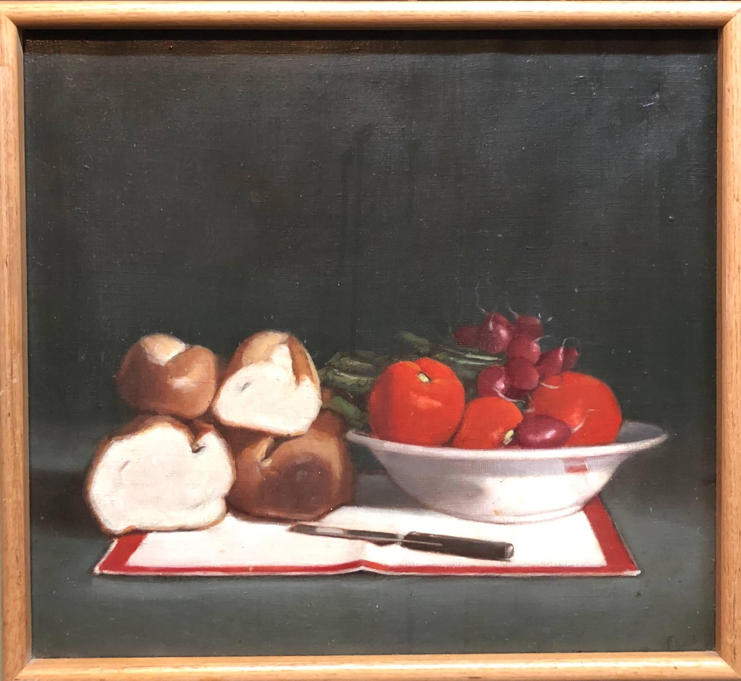 Still Life with Bread and Vegetables Oil Painting - Black Still-Life Painting by Unknown