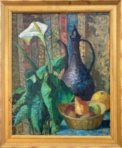 "Still Life with Calla Lily" - Framed Mid-Century Impressionist Oil Painting