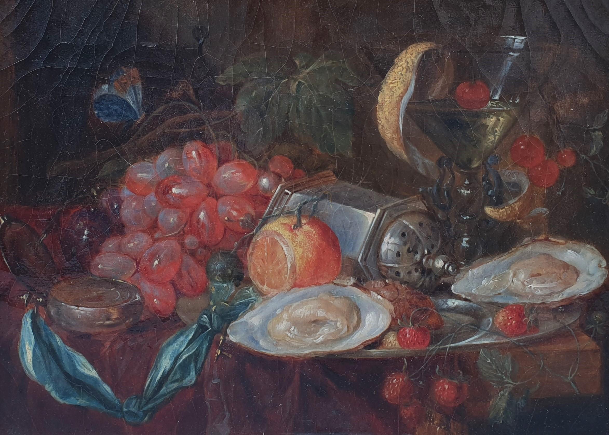 Pintura francesa al óleo del siglo XIX Bodegón Brújula frutas cerezas cristal y ostras