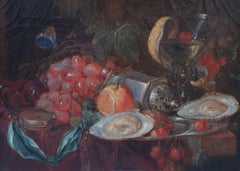 Dipinto francese del XIX secolo Olio Natura morta Frutta bussola ciliegie vetro e ostriche